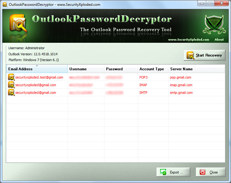 Outlook Password Decryptor 7.0 software screenshot