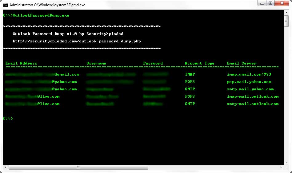 Outlook Password Dump 3.0 software screenshot