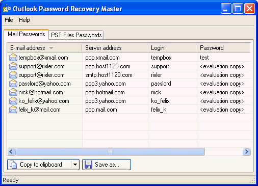 Outlook Password Recovery Master 1.0 software screenshot