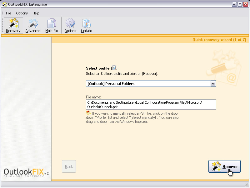 OutlookFIX Repair and Undelete 2.71 software screenshot