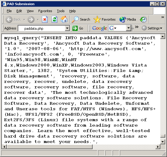 PAD Software Database 2.00.10 software screenshot