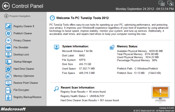PC Tune-Up Tools 2012 8.0.043 software screenshot