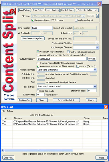 PDF Content Split Batch 2.01 software screenshot