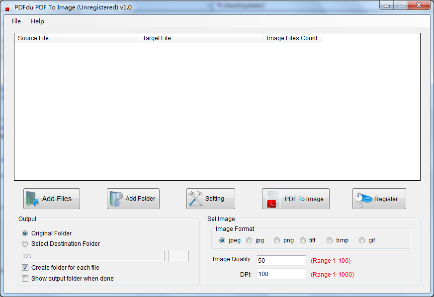 PDFdu PDF To Image 1.3 software screenshot
