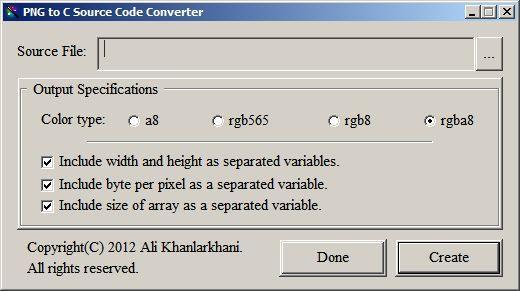 PNG to C Source Code Converter 0.0.0.1 Alpha software screenshot