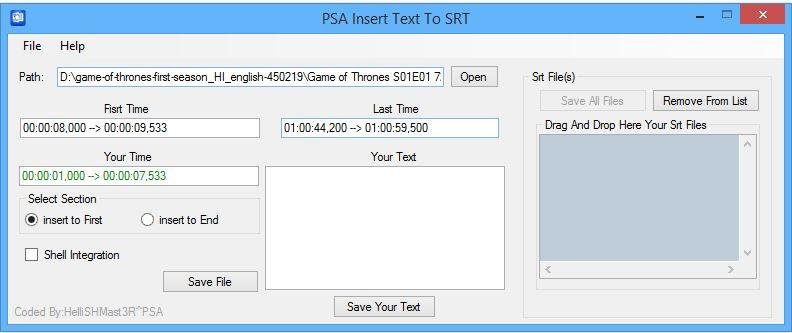 PSA Insert Text to SRT 1.0.1 software screenshot
