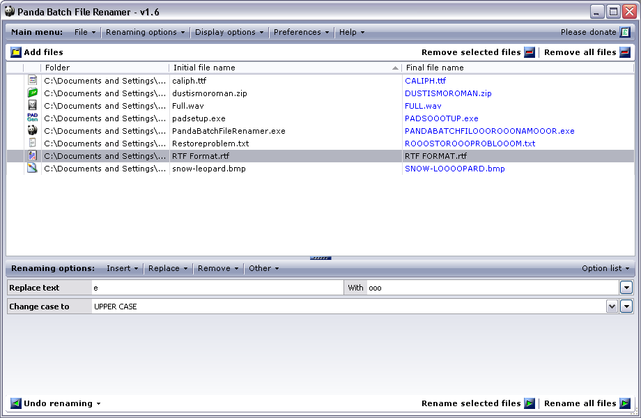 Panda Batch File Renamer 1.8 software screenshot