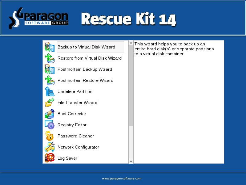 Paragon Rescue Kit Free Edition 14 software screenshot
