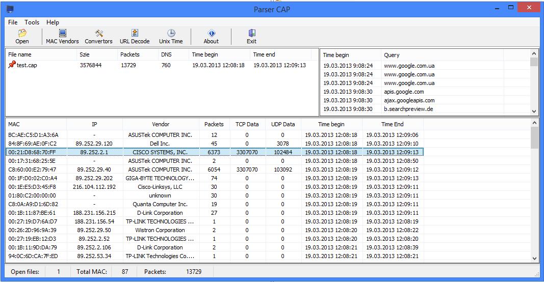 Parser CAP 0.3.5 software screenshot