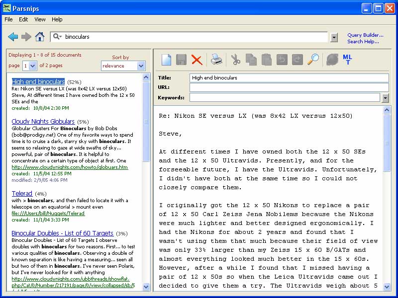 Parsnips 1.5 software screenshot