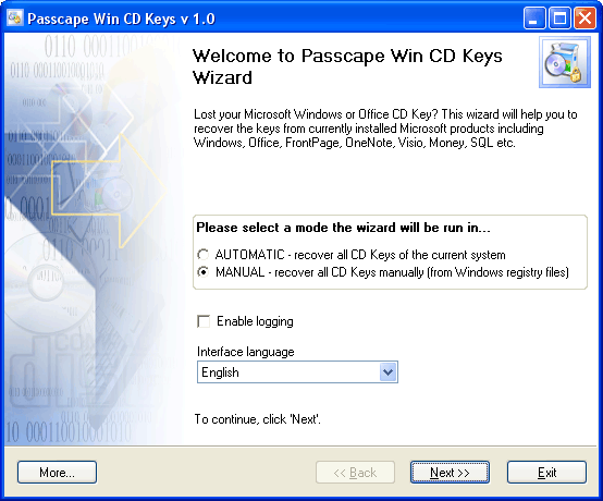 Passcape Win CD Keys 2.7.0 software screenshot