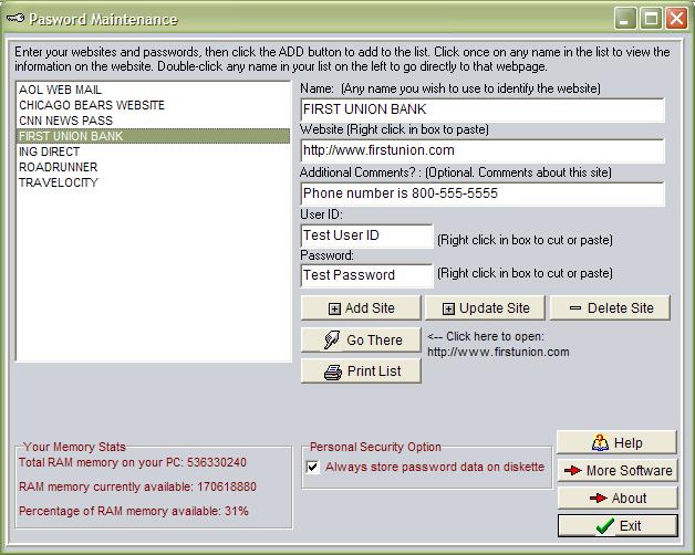 Password Maintenance 2.1 software screenshot