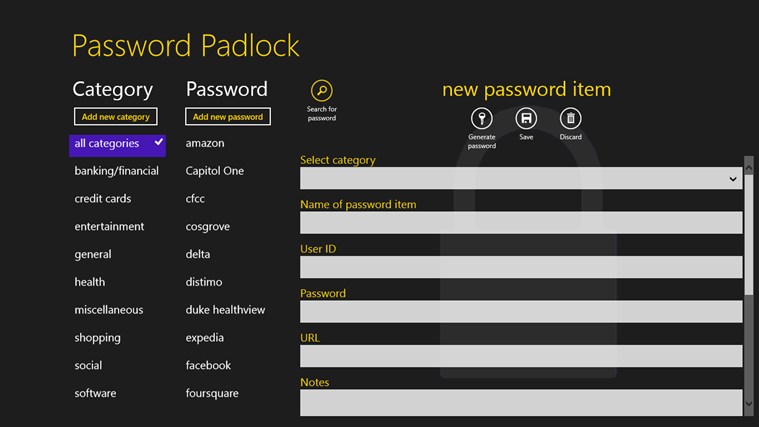 Password Padlock for Windows 8.1 7.4.0.31 software screenshot