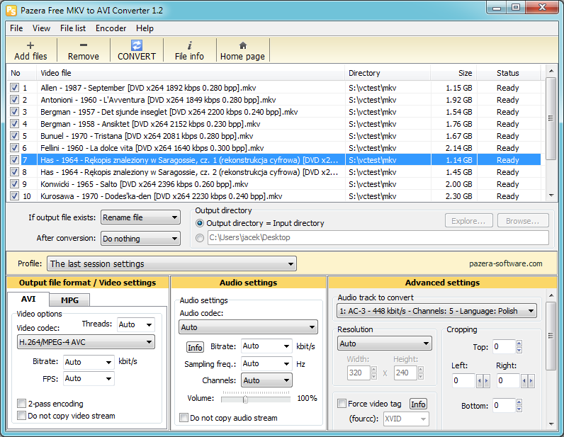 Pazera Free MKV to AVI Converter 1.6 software screenshot