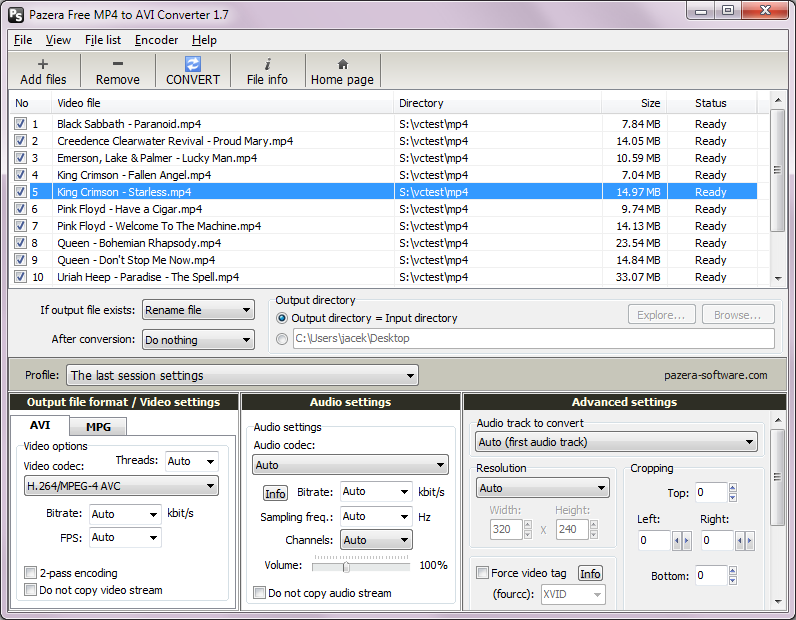 Pazera Free MP4 to AVI Converter 1.12 software screenshot