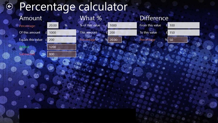 Percentage Calculator for Windows 8 1.0.0.1 software screenshot