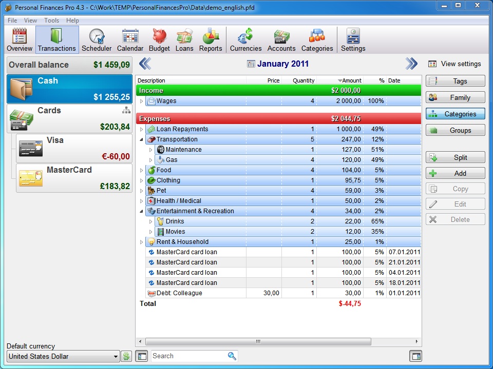 Personal Finances 4.3 software screenshot