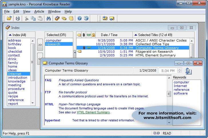 Personal Knowbase Reader 4.1.0 software screenshot