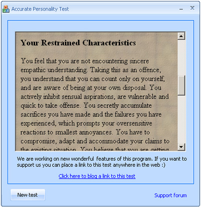 Personality type test 1.0 software screenshot