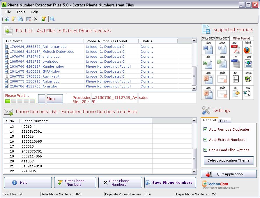 Phone Number Extractor Files 5.0 software screenshot