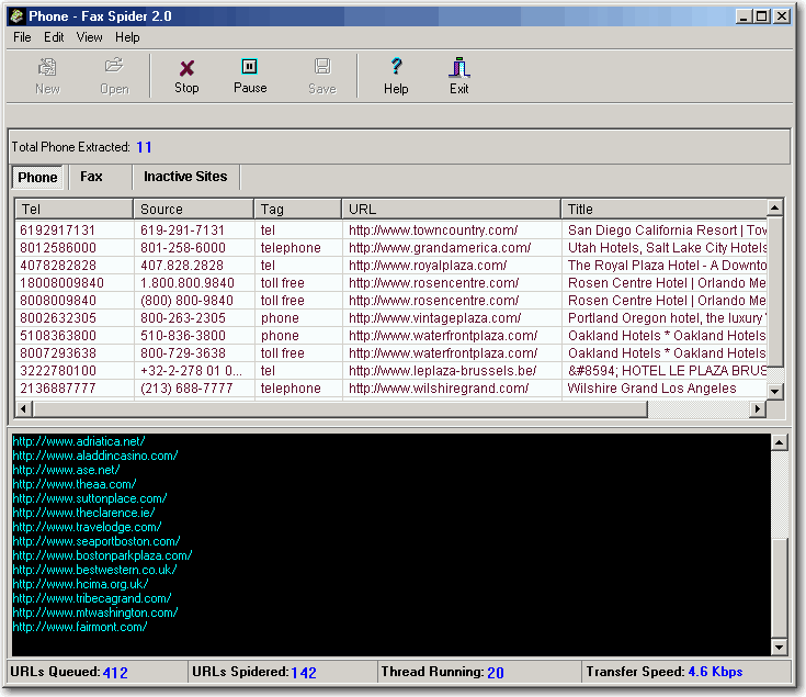Phone and Fax Spider 2.3 software screenshot