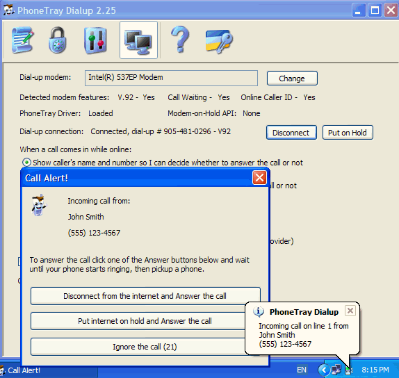 PhoneTray Dialup 2.39 software screenshot