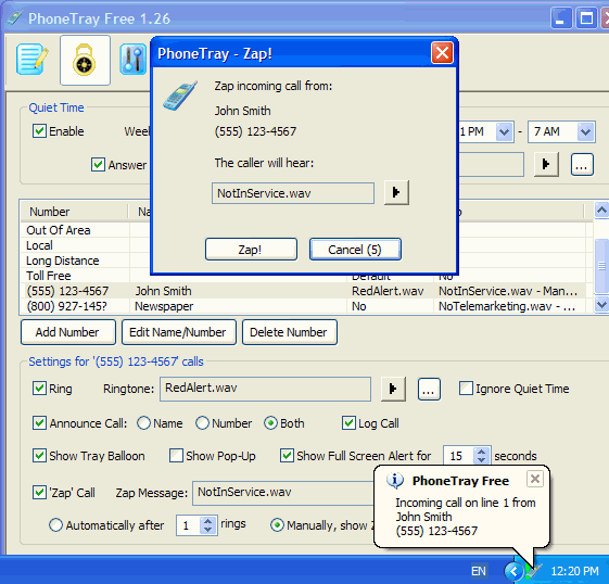 PhoneTray Free 1.39 software screenshot