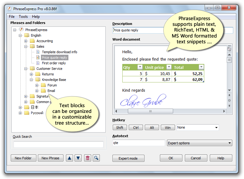 PhraseExpress Autotext 8.0.148 software screenshot
