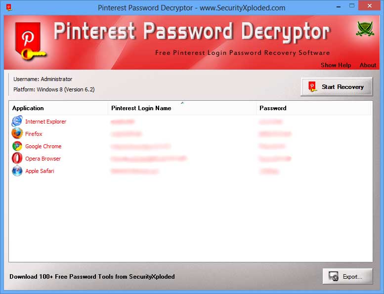 Pinterest Password Decryptor 4.0 software screenshot
