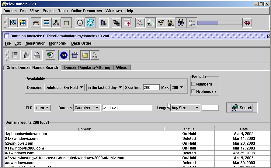 PlexDomain: Domain-Name Search, Generation, Popularity and Analysis Toolkit 3.1 software screenshot