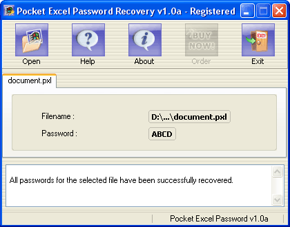 Pocket Excel Password Recovery 1.0a software screenshot