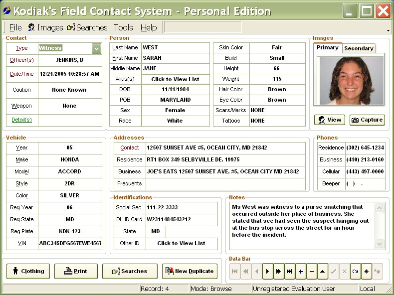 Police Field Contact Manager 7 software screenshot