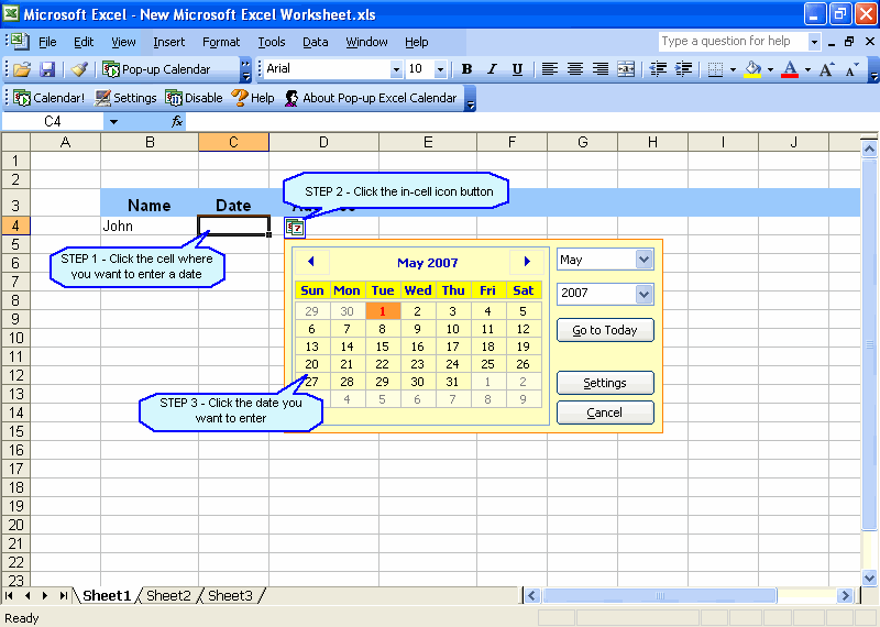 Pop-up Excel Calendar 1.7.7 software screenshot