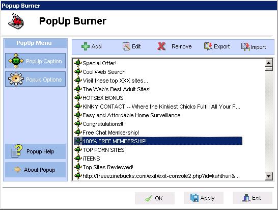 PopUp Burner 1.00 software screenshot