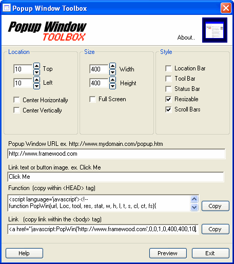 Popup Window Toolbox 1.0.0 software screenshot
