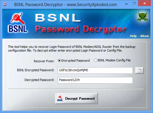 Portable BSNL Password Decryptor 1.0 software screenshot