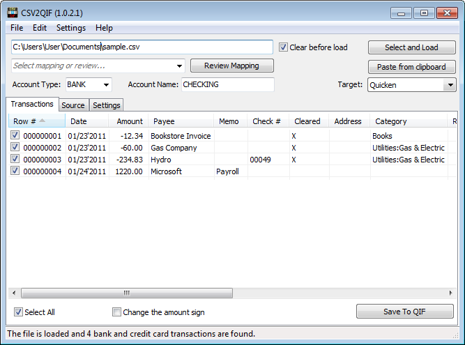 Portable CSV2QIF 3.0.1.3 software screenshot