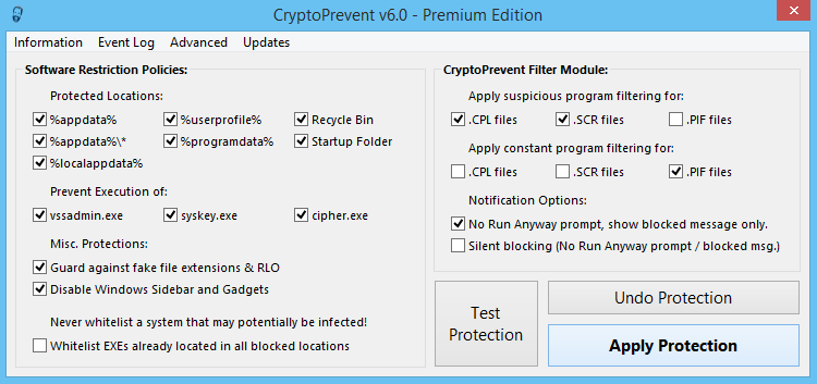 Portable CryptoPrevent 7.4.20 software screenshot