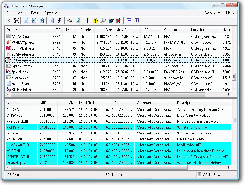 Portable EF Process Manager 7.50 software screenshot