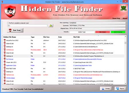 Portable Hidden File Finder 2.0 software screenshot