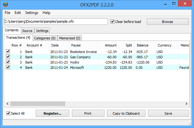 Portable OFX2PDF 2.2.2.4 software screenshot