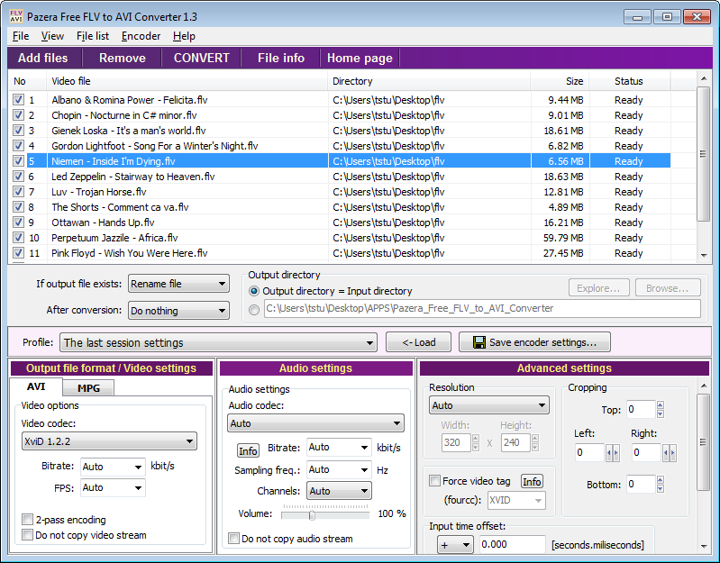 Portable Pazera Free FLV to AVI Converter 1.9 software screenshot