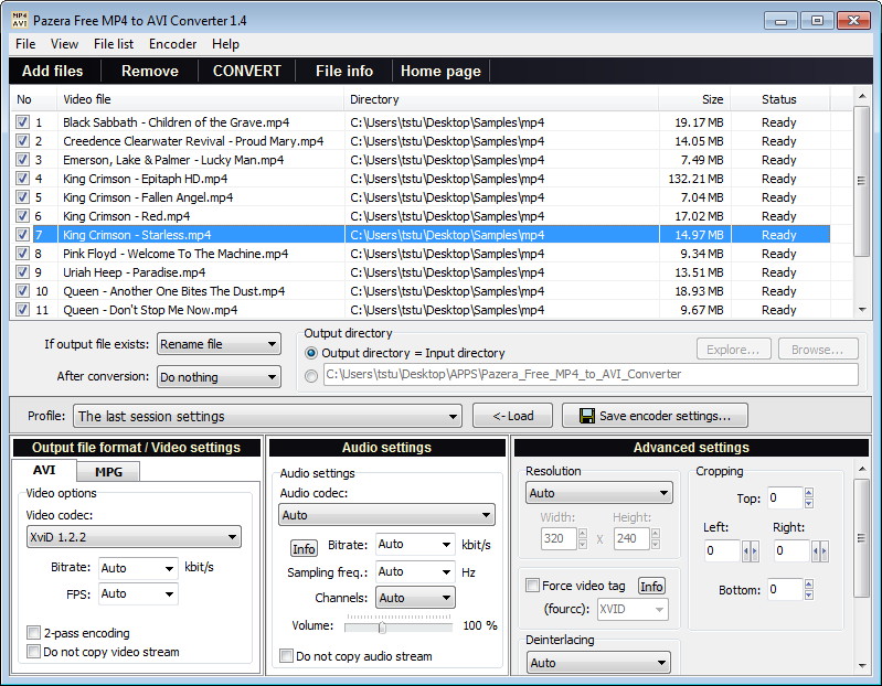 Portable Pazera Free MP4 to AVI Converter 1.12 software screenshot