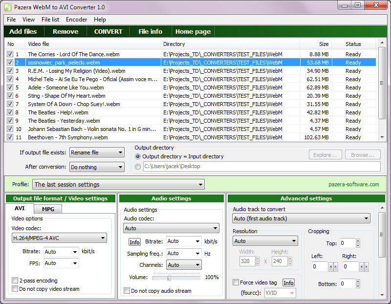 Portable Pazera WebM to AVI Converter 1.2 software screenshot