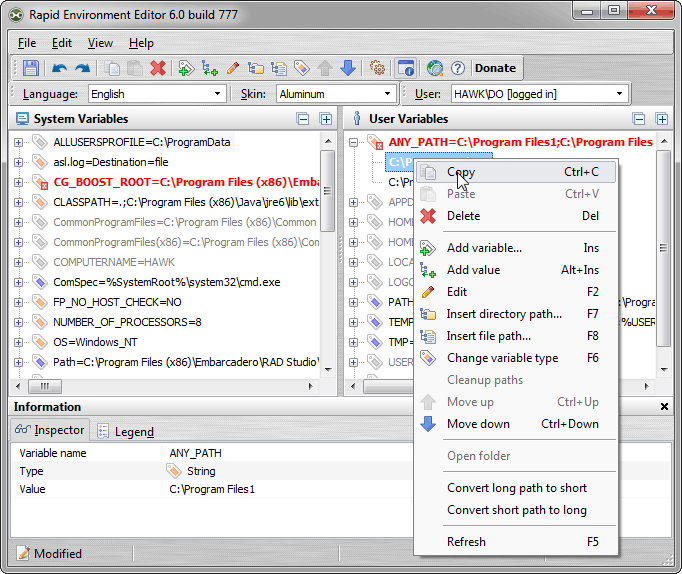 Portable Rapid Environment Editor 9.1.936 software screenshot
