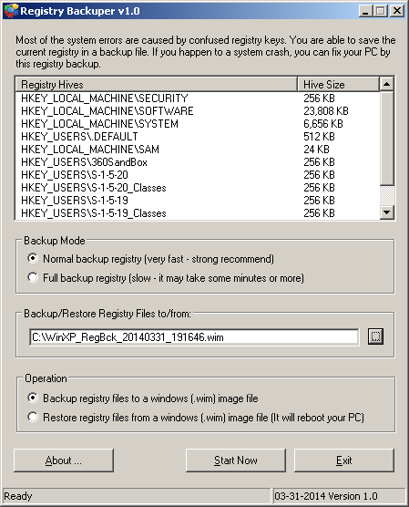 Portable Registry Backuper 1.0 software screenshot