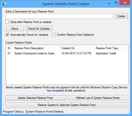 Portable Restore Point Creator 6.2.2 software screenshot