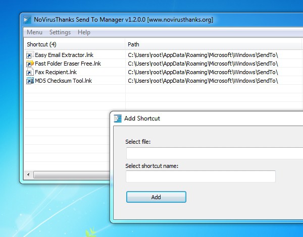 Portable NoVirusThanks SendTo Manager 1.7.0.0 software screenshot