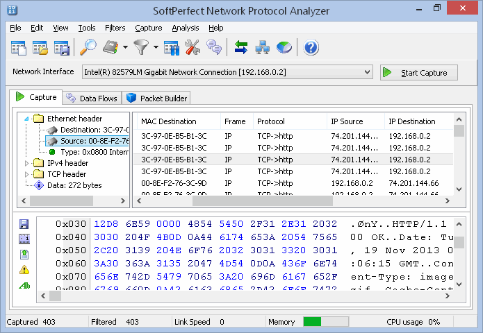 Portable SoftPerfect Network Protocol Analyzer 2.9.1 software screenshot