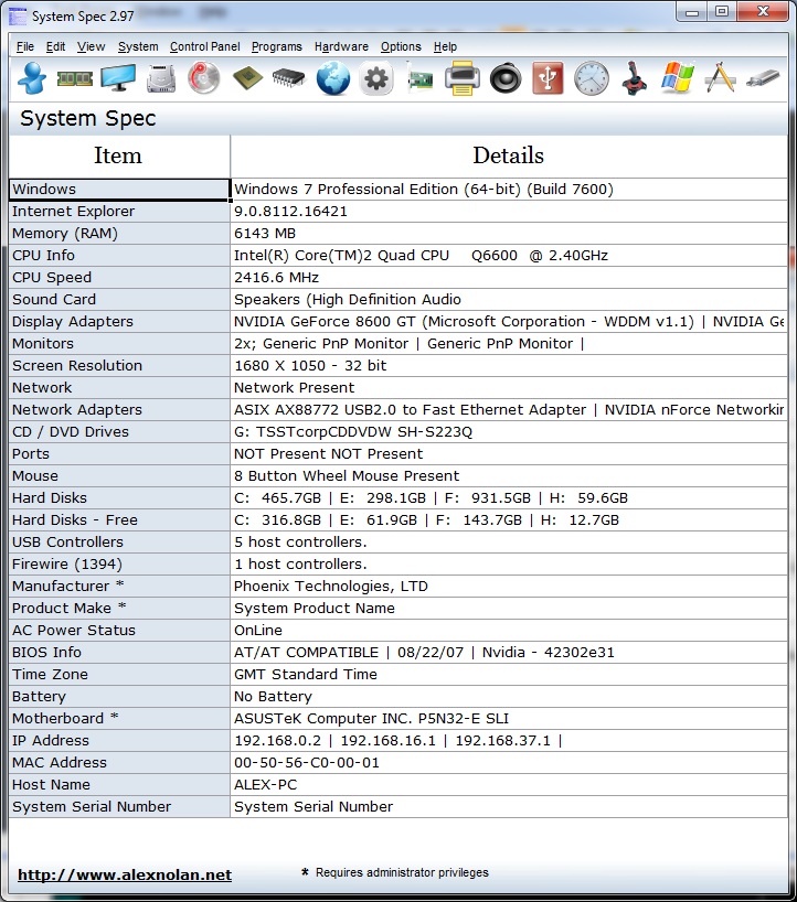 Portable System Spec 3.08 software screenshot